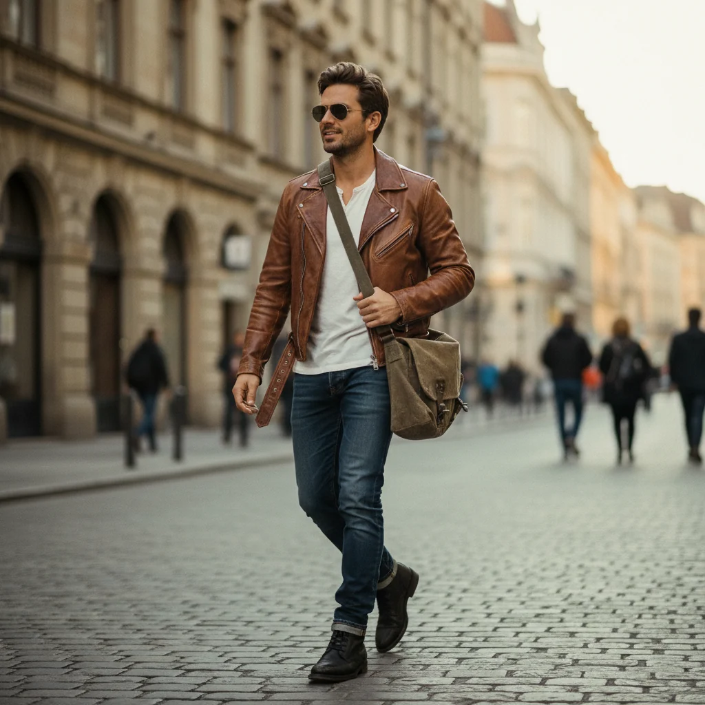 Man wearing a brown leather biker jacket with jeans