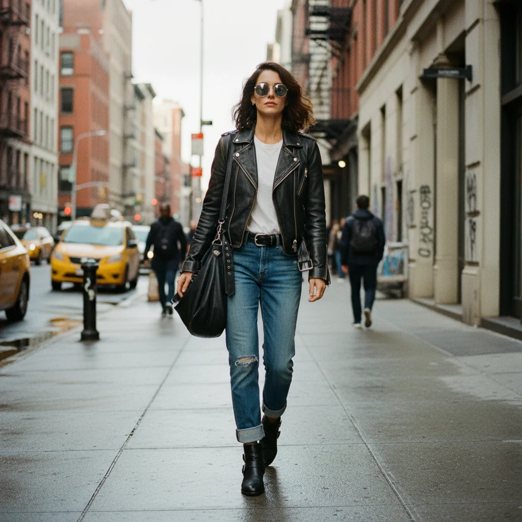 Woman styling a black leather biker jacket