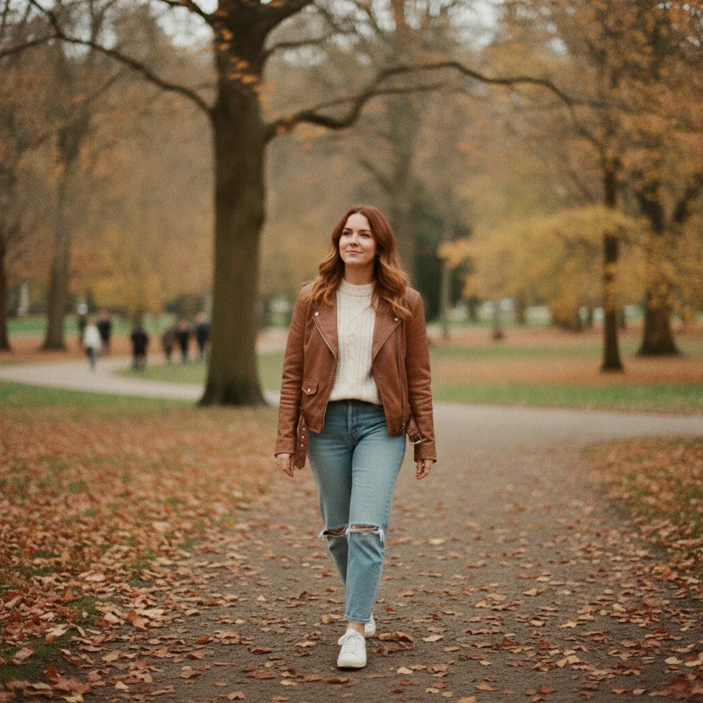 Woman in a brown leather jacket over a cream knit sweater with jeans