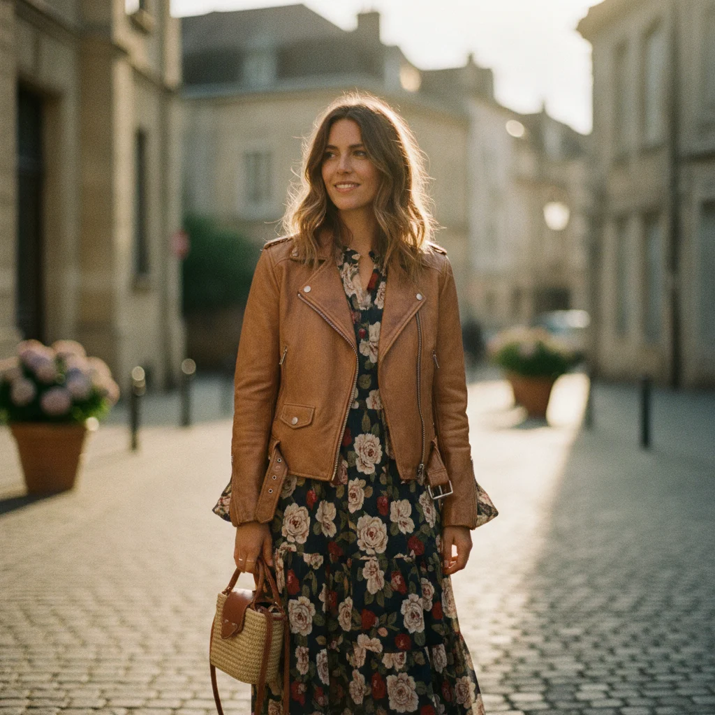 Woman wearing a tan leather jacket over a floral midi dress