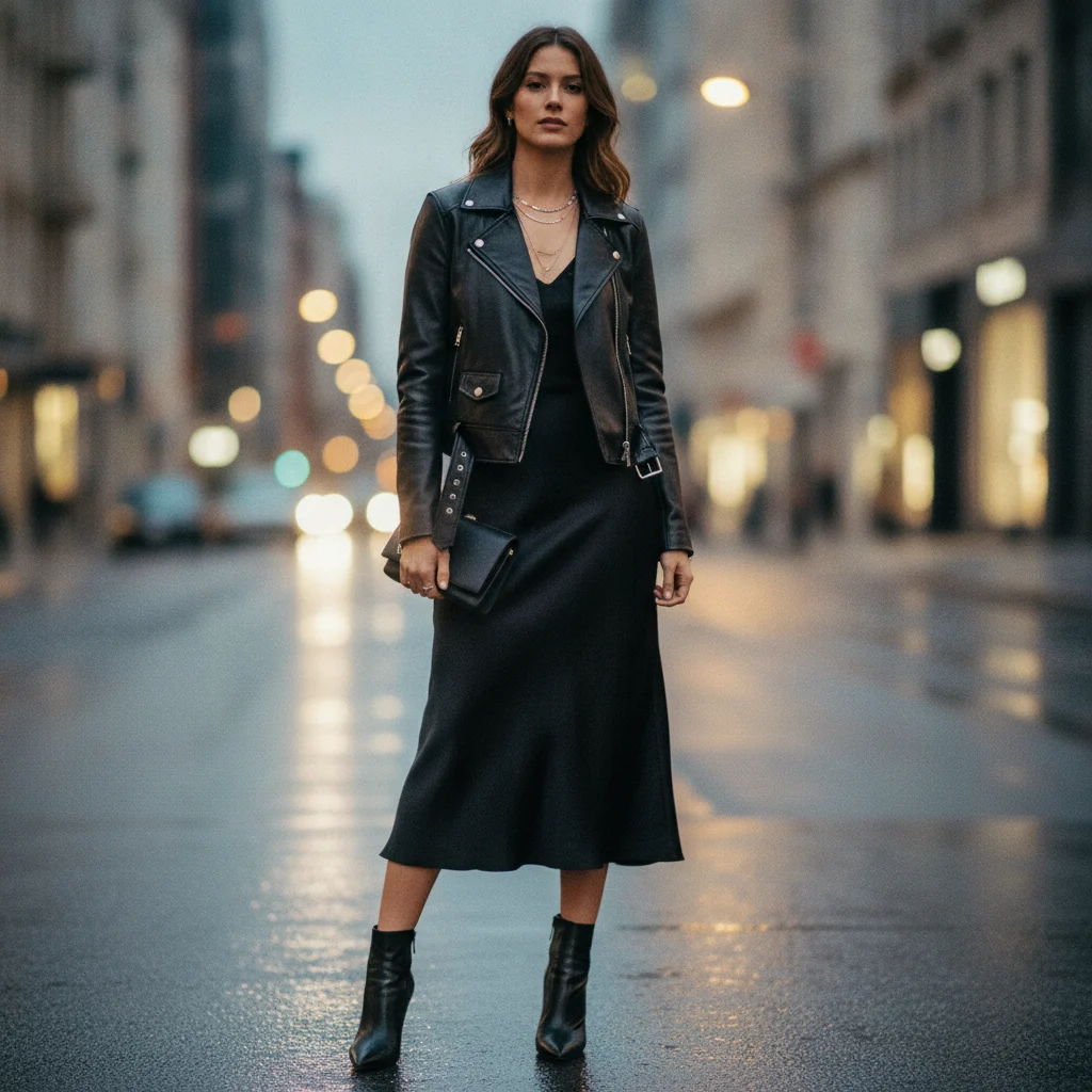 Woman in a black leather jacket with a slip skirt and heeled boots for evening